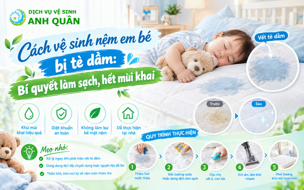 cách vệ sinh nệm em bé bị tè dầm